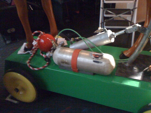 A photo of green stand with wheels that has some compressed tubes and pressure cylinders used to move an artificial horse.