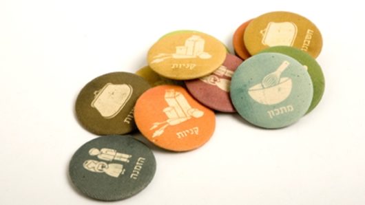 Buttons with fabric covers and different icons, like food, people, signs, etc.