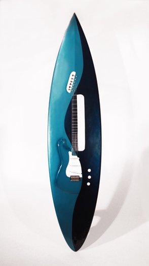 an electric guitar glued on a surfboard in blue and black