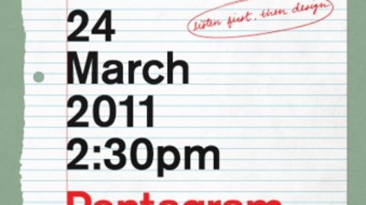 A green SVA poster  with a piece of notebook lined paper with the red text: Michael Bierut, listen just, then design.