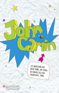 John Carlin event poster with blue and green graphics over a used notebook paper pattern