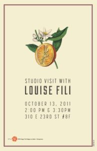 Studio Visit with Louise Fili poster with an orange, flowers, and leaves on a beige background