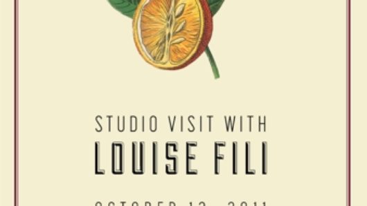 Studio Visit with Louise Fili poster with an orange, flowers, and leaves on a beige background