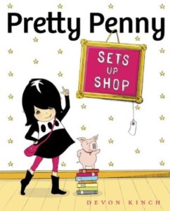 pretty penny sets up shop illustration with a girl dressed in black, and her pig pet climbed over a few books