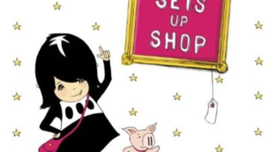 pretty penny sets up shop illustration with a girl dressed in black, and her pig pet climbed over a few books