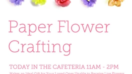 paper flower crafting event poster with vividly colored small paper flowers in yellow, red, purple, pink, blue, etc