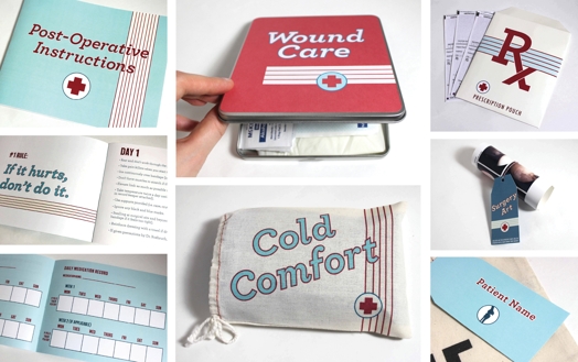 collage of images of an aid kit with instructions, cold bag, and miscellaneous objects