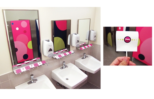 collage of two images, one with a bathroom mirrors and colorful pink doors with big dots on them, and the other one is with a stick and a piece of paper with the clean logo on it