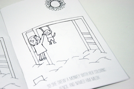 a coloring book with a kid playing with a small monkey hanging on the window
