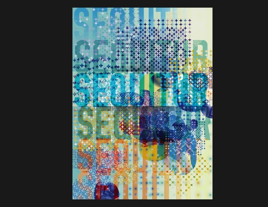 sequitur poster made with translucent text over a blue, green, and slightly yellow background with a dotted pattern over it