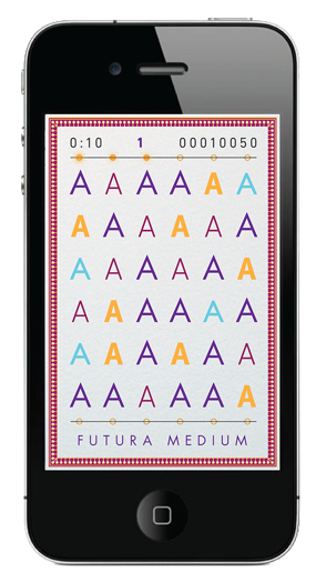A phone screen with da set of random letters with unique colors and fonts.
