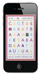 A phone screen with da set of random letters with unique colors and fonts.