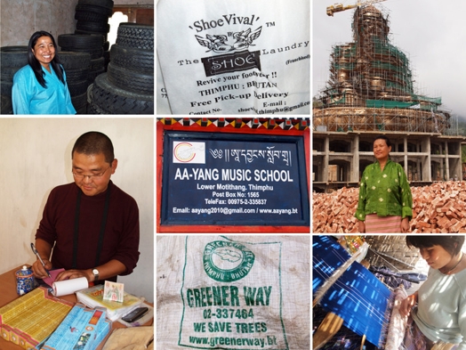 A set of photos, some showing Asian peoples doing artwork, others show a statue being repaired, some sign showing a music school location and a bag with text Greener Way.