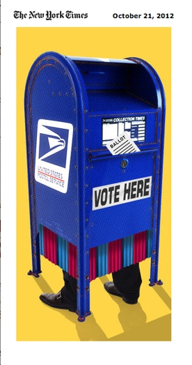 A poster showing a blue mailbox with feet. The text on the mailbox is: Vote Here.