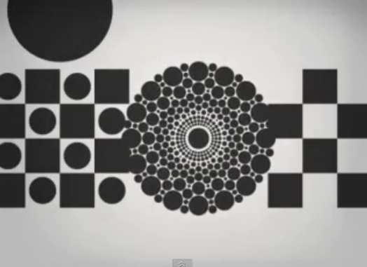 illustration of circles made of dots and squares made of white and black small squares and dots