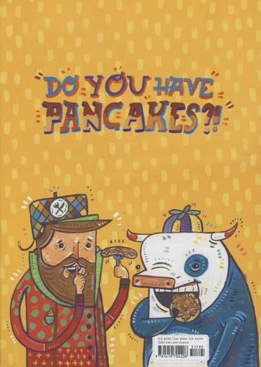 a poster with the title do you have pancakes? and a man with a red coat and a hat and a white cow