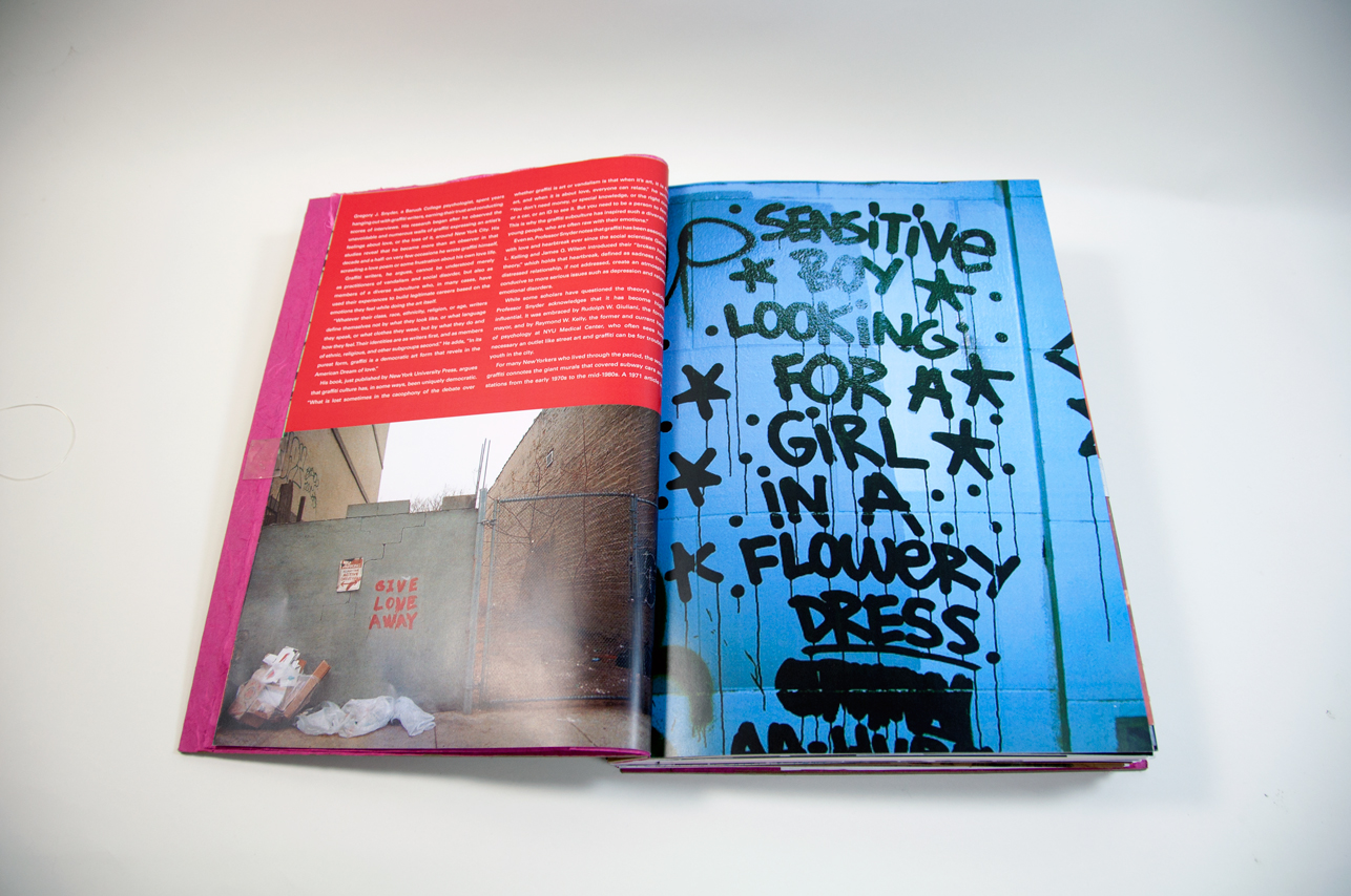 an opened book depicting a picture of a fence and test paragraphs on the left and on the right is a blue wall with the graffiti: sensitive boy looking for a girl in a flowery dress