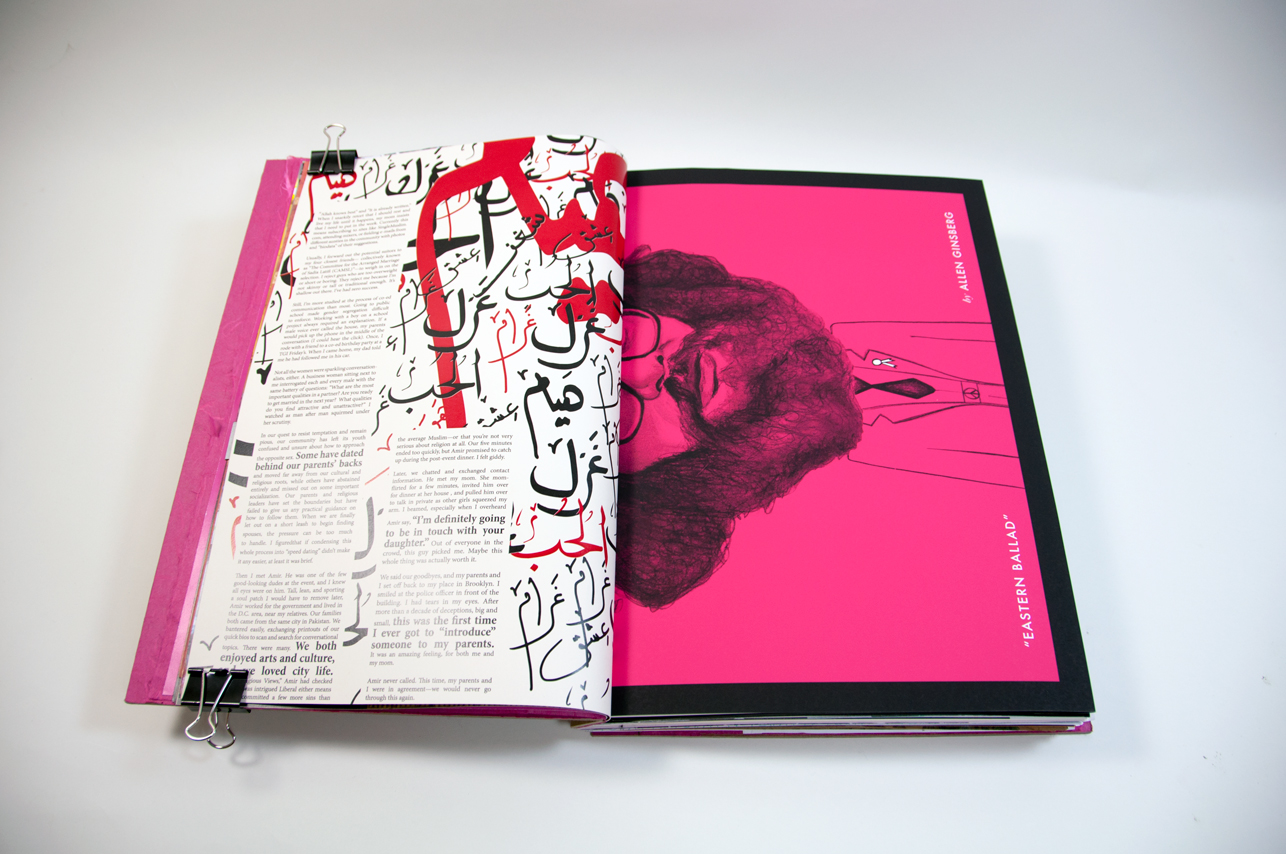 an opened book with text and lines illustrations on the left and a small portion of a pink poster on the right side