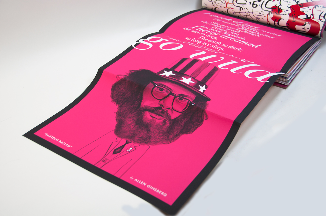 an unfurled poster from a book on a pink background with a head picture of a person and the title Go Wild