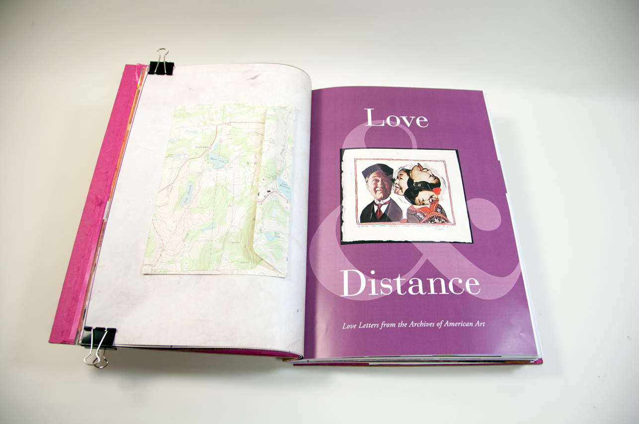 an opened book with a part of a map on the left page and a small portrait on the right with the title Love Distance