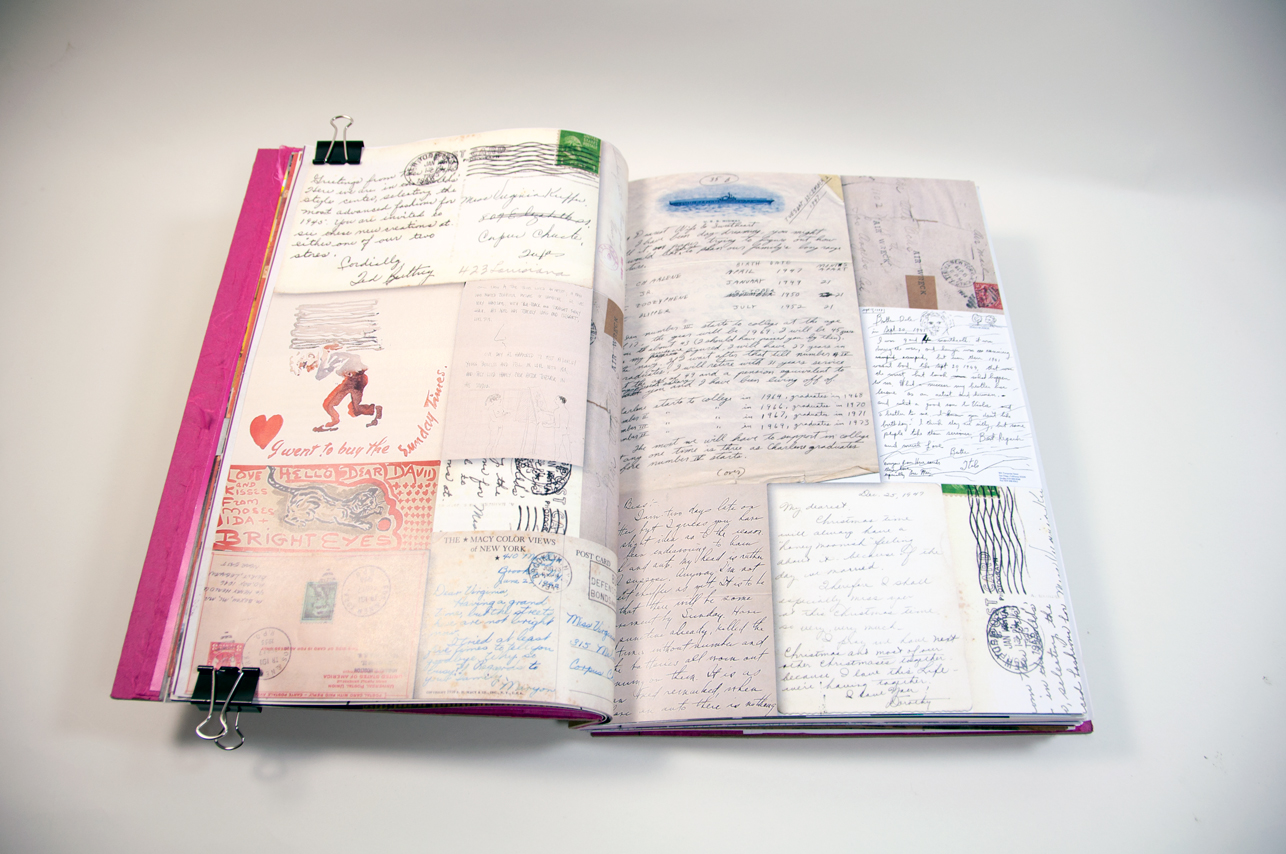 an opened book depicting fragments of handwritten pages of notebooks on the left and right page