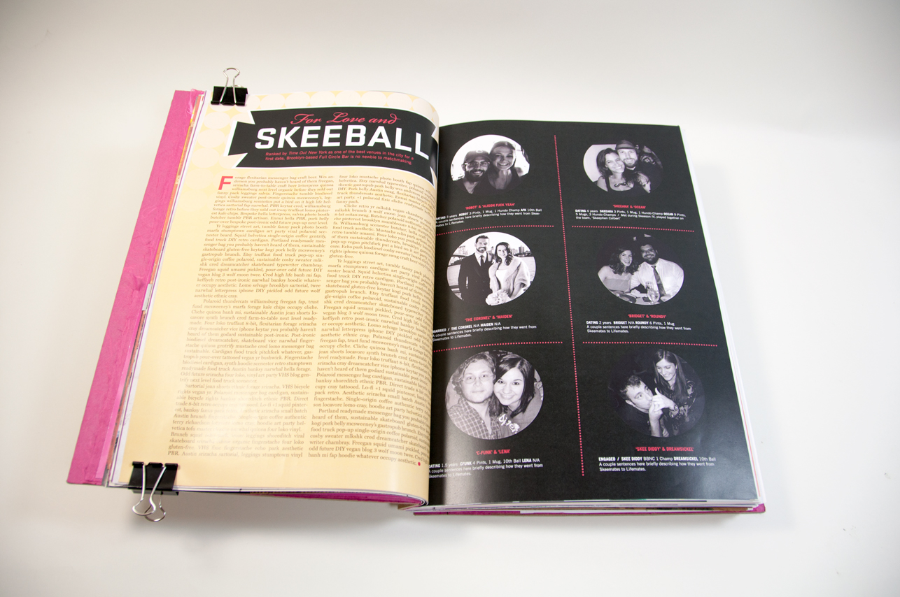 an opened book with the Skeeball title on the left and a lot of text, and on the right is a grid of six portraits, each in a circle shape