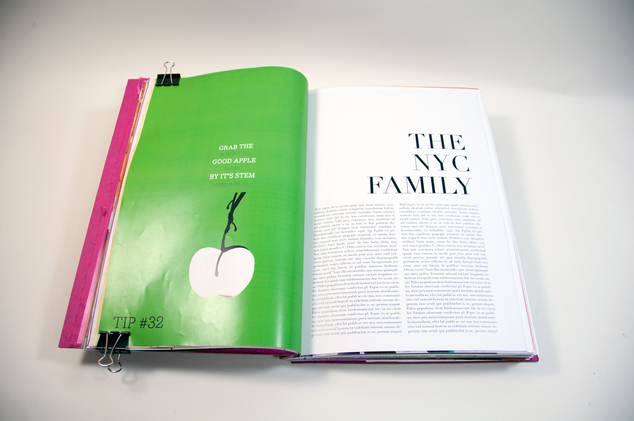an opened book depicting a white apple on a green page on the left and paragraphs and the title Then NYC Family on the right