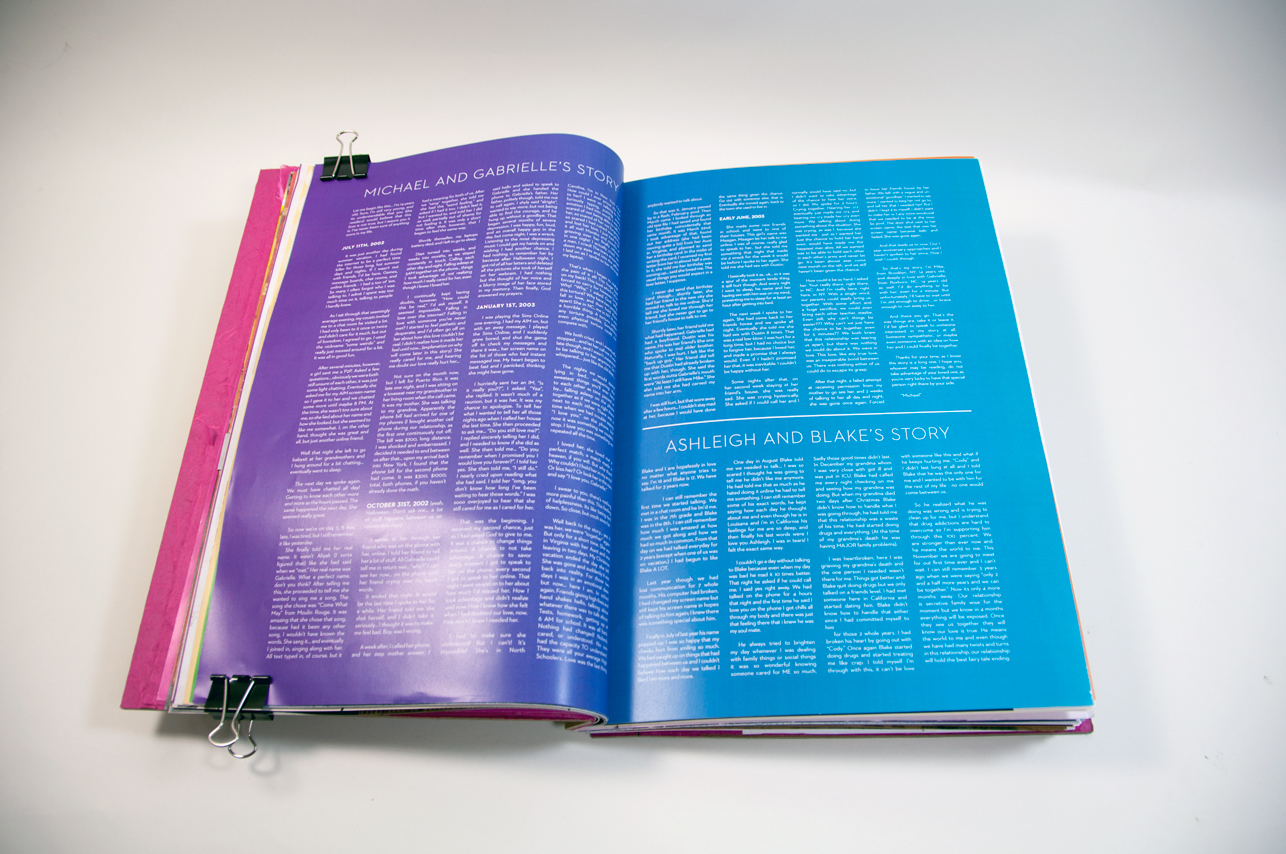 an opened book with lots of text on the left page and the right page, on a gradient from purple to blue starting on the left page and ending on the right page
