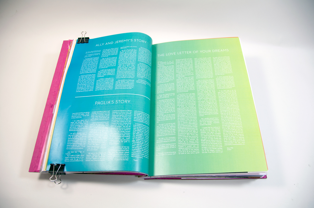 an opened book with lots of text on the left page and the right page, on a gradient from blue to green starting on the left page and ending on the right page