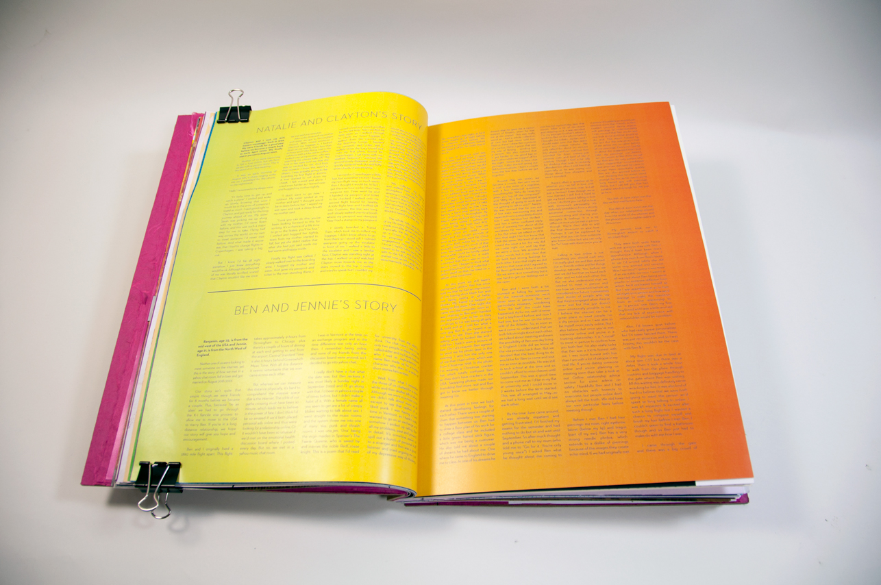 an opened book with lots of text on the left page and the right page, on a gradient from yellow to orange starting on the left page and ending on the right page