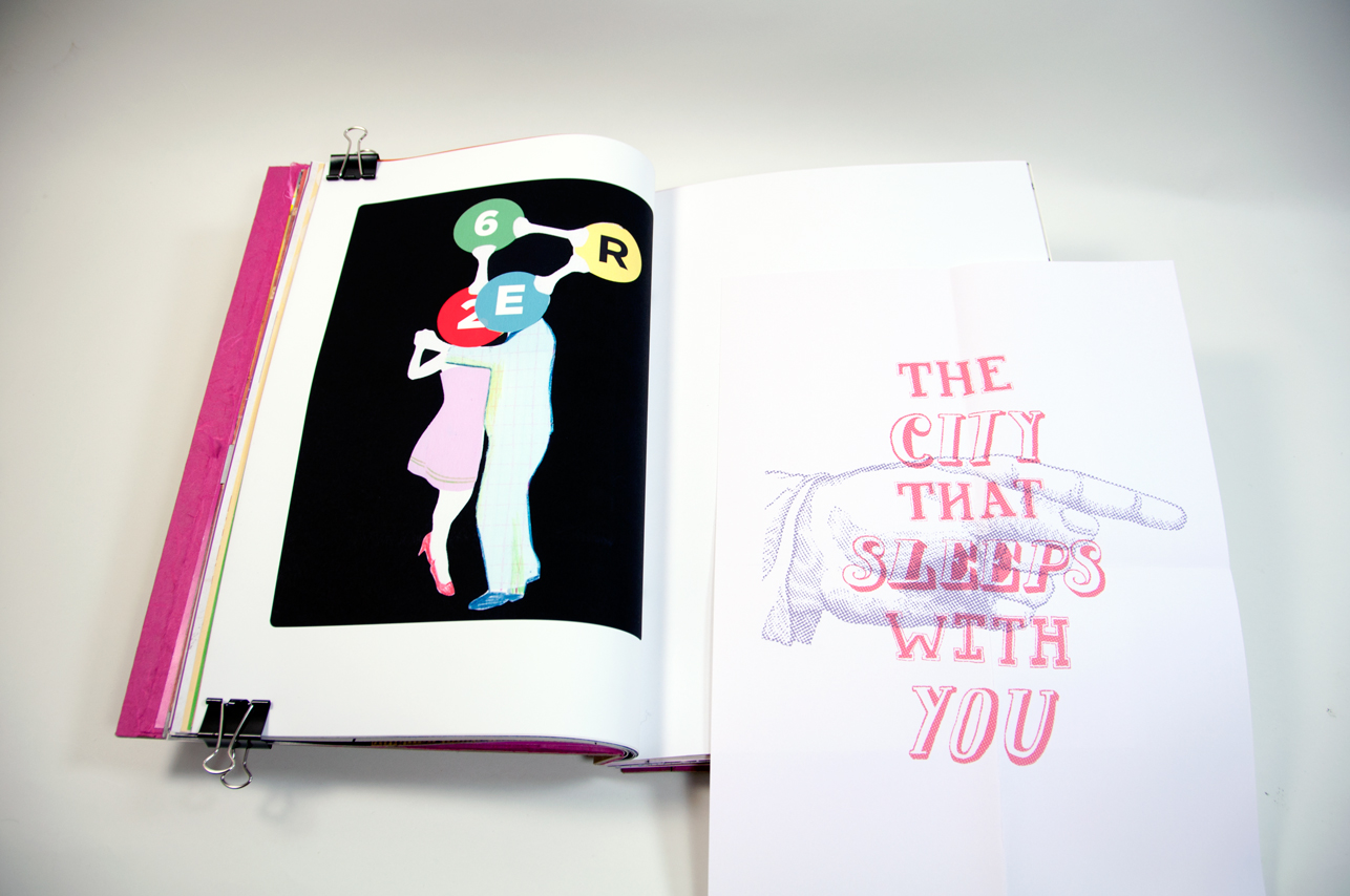 an opened book with an illustration of two people dancing on the left side, and a postcard with typography saying The city that sleeps with you