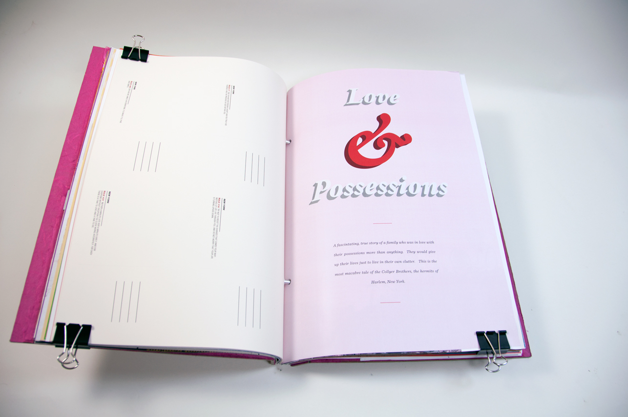 an opened book depicting some text on both pages and a logo with the text Love Possessions
