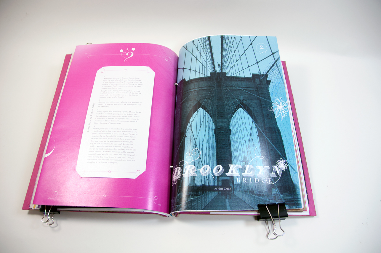 an opened book with the right side with a photo of the Brooklyn Bridge, and on the left side is a text in a tall rectangle
