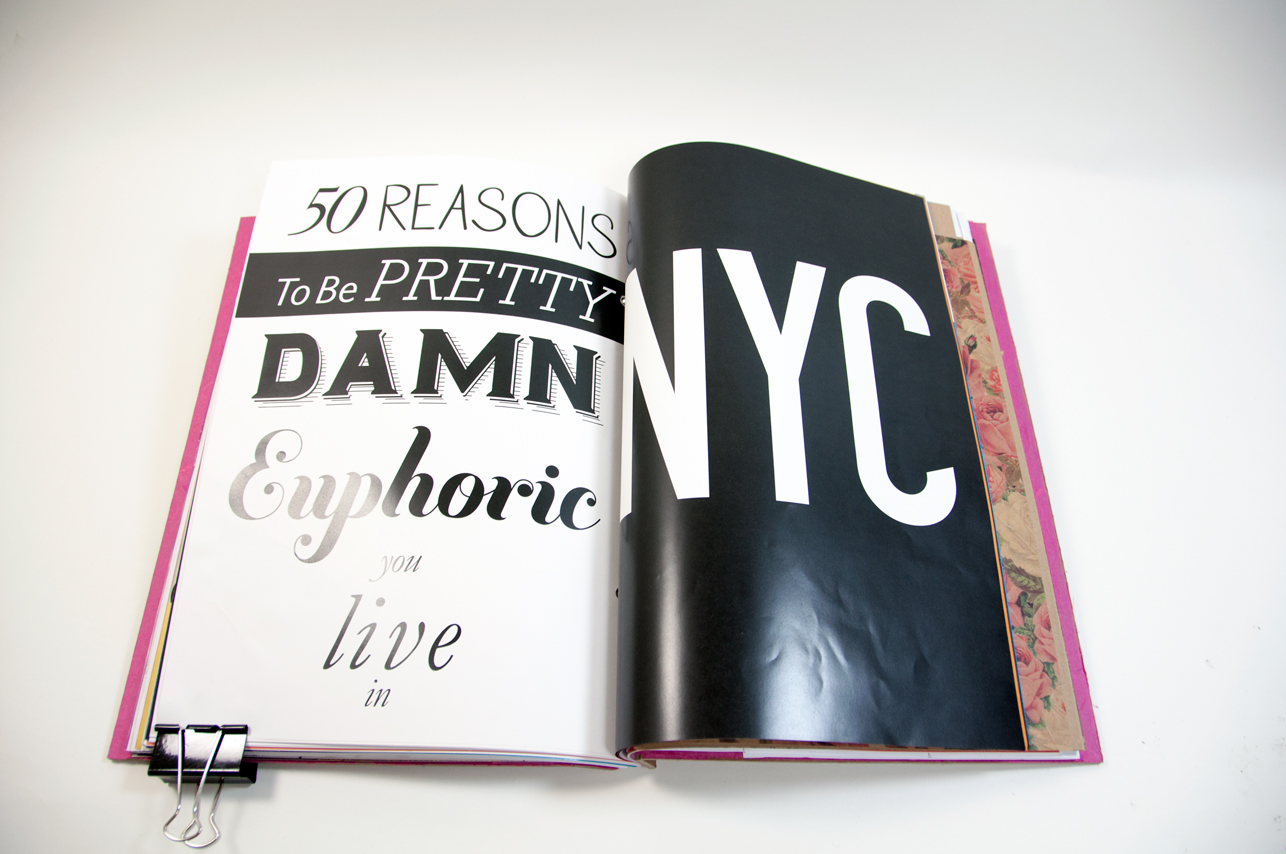 an opened book with the message on two pages: 50 reasons to be pretty euphotic you live in NYC