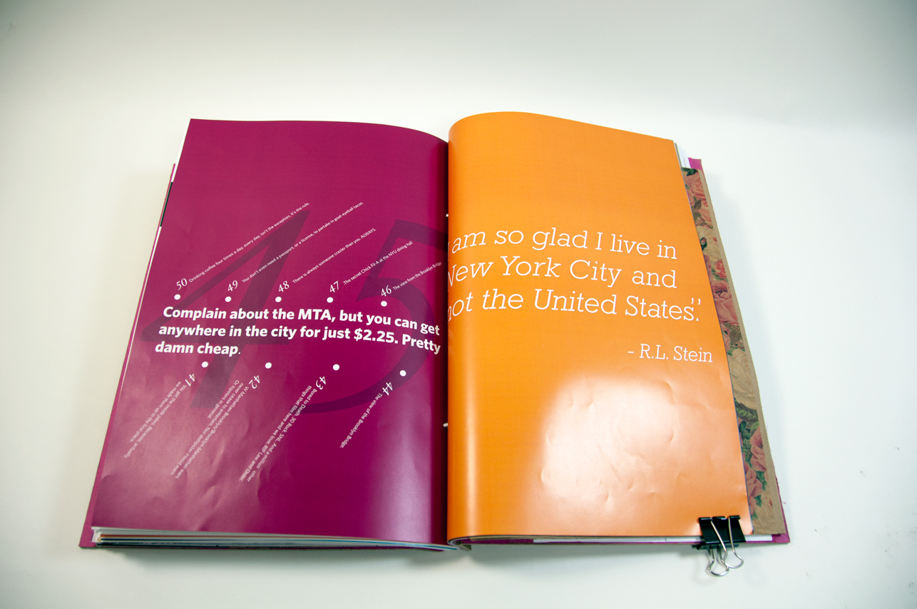 an opened book with text written on the left side on a maroon background, and a quote on an orange background on the right side