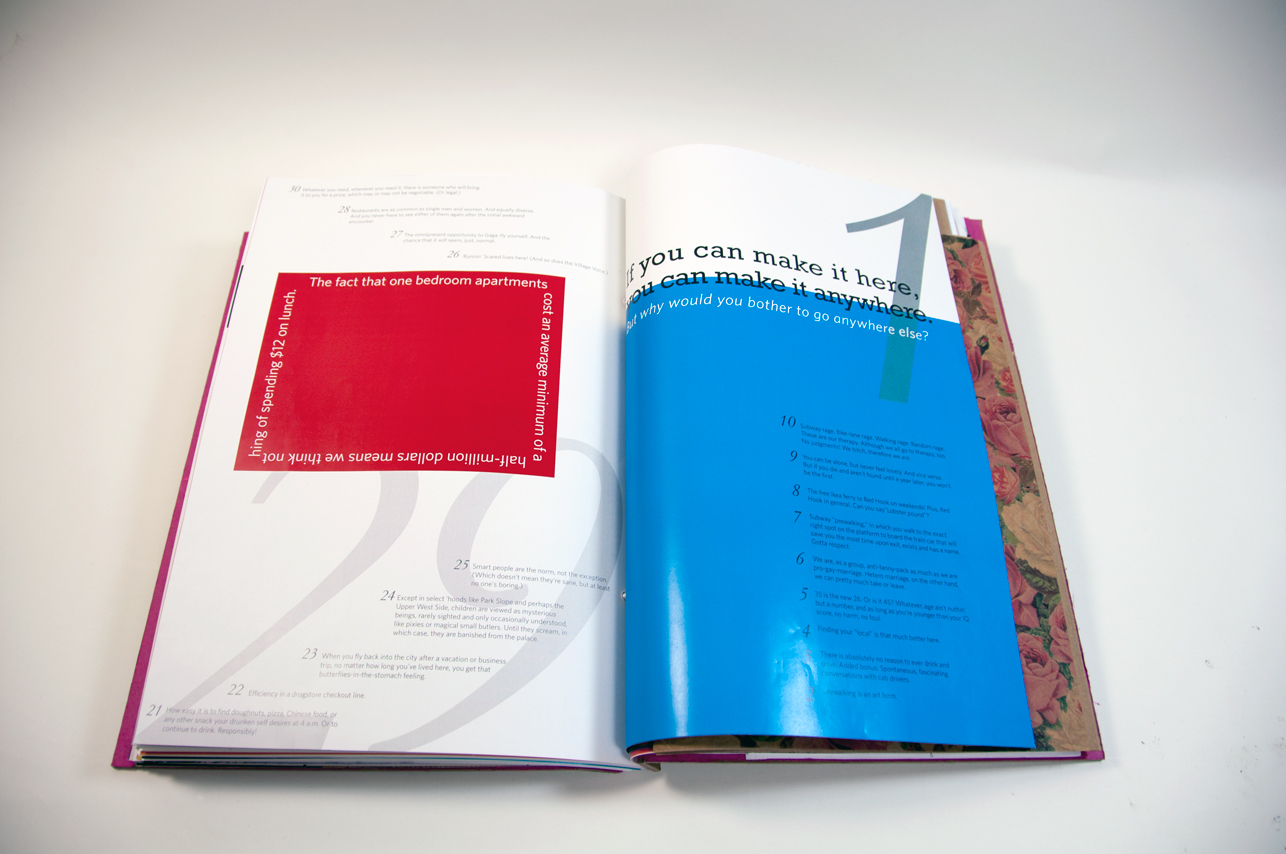 an opened book with text and a red square on the left, and text written on blue on the right