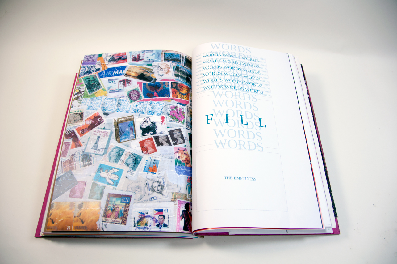 an opened book with post stamps scattered on the left, and on the right is a graphic in blue color on a white page saying "Fill words"