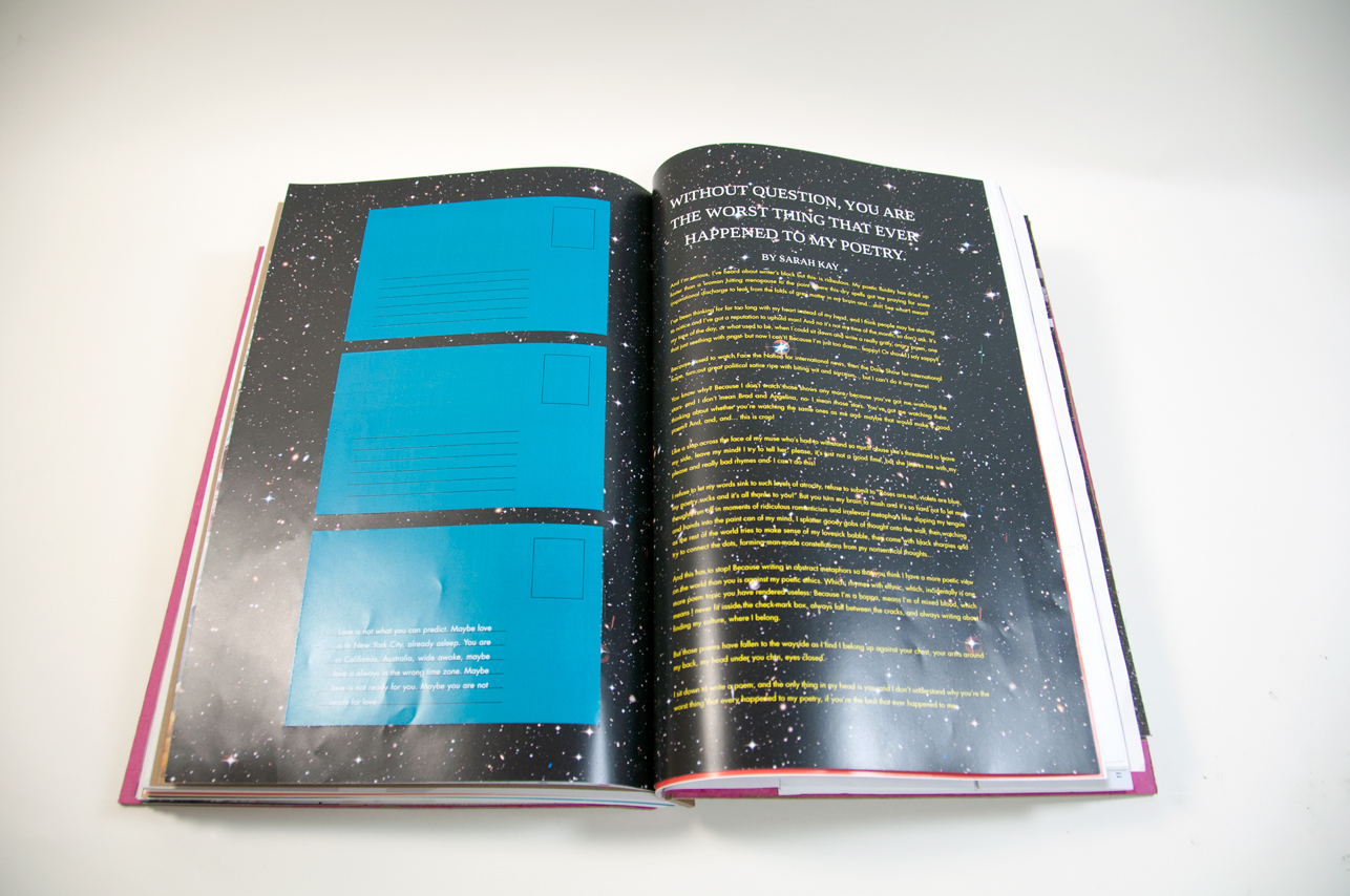 an opened book with some paragraph in blue rectangles on the left, and on the right are some yellow text paragraphs