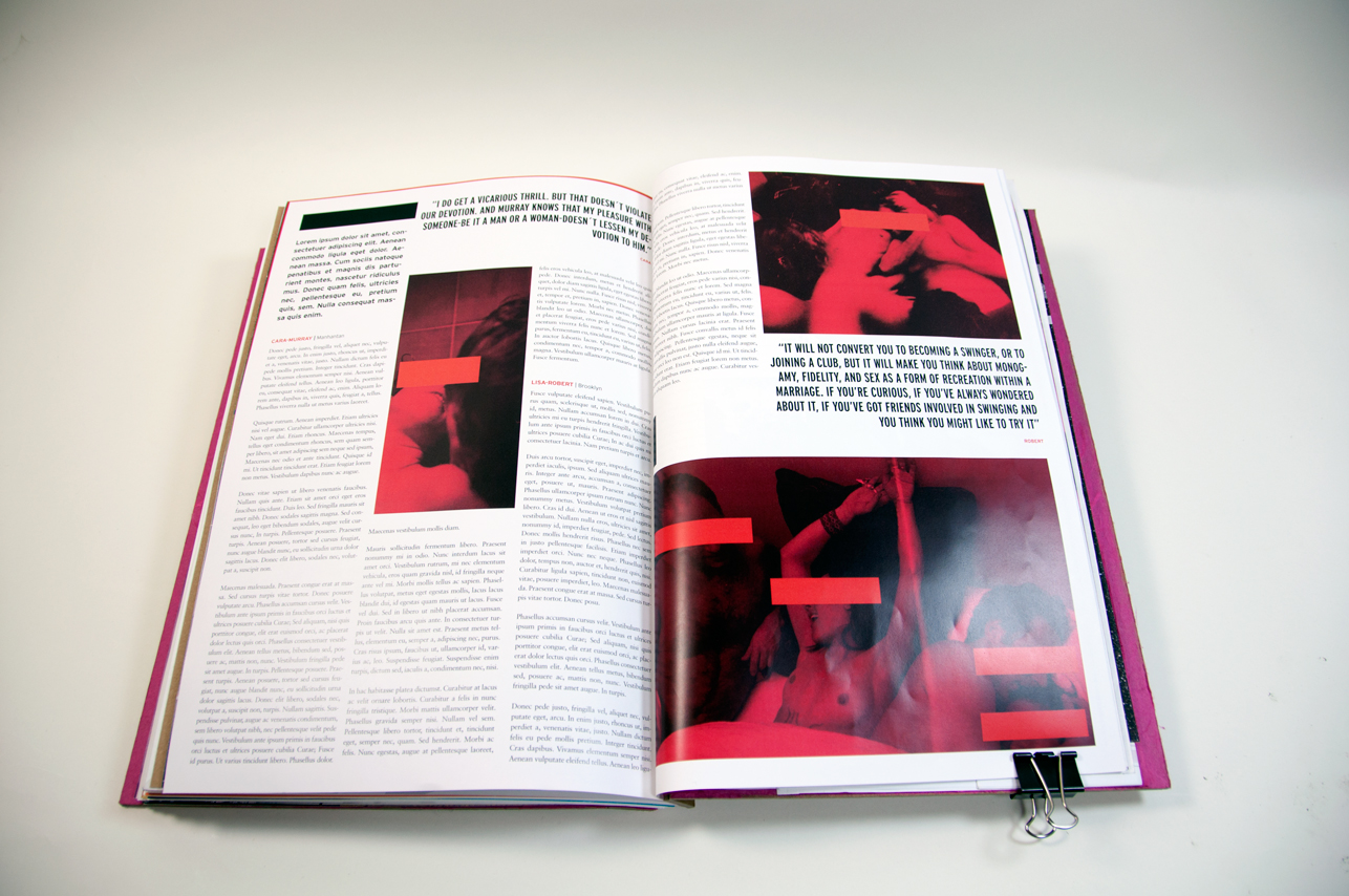 an opened book with red images of people with their faces covered and text paragraphs