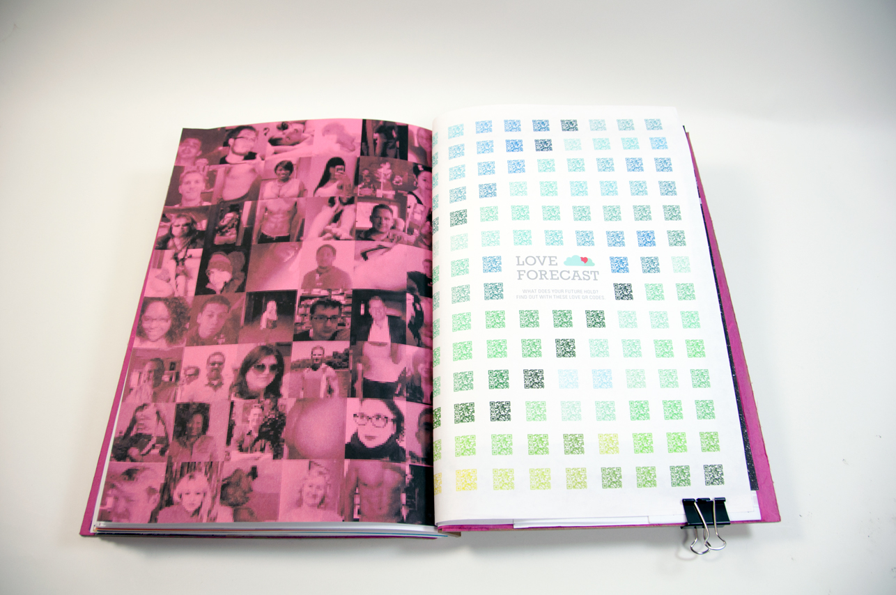 an opened boog depicting a grid of pink photos on the left side and a grid of green squares on the right side