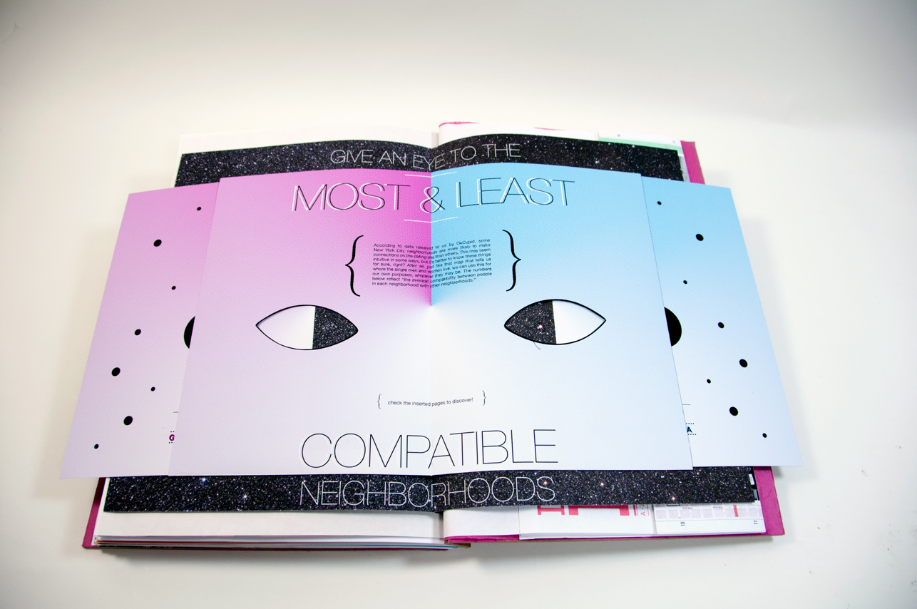 an opened book with a face shape which has one side a gradient from pink to white and the other one from blue to white