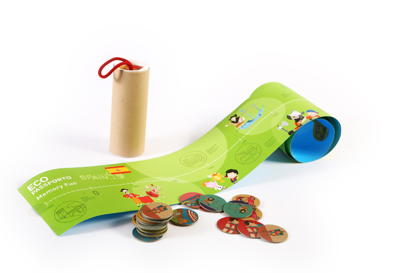 a story on a colored paper roll and small paper circles next to it