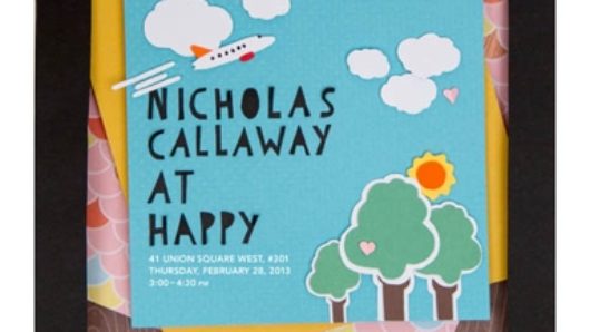 A poster with a tablet that has a picture of some colorful paper invitations with text: Nicholas Callaway At Happy.