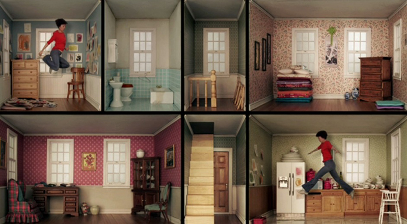 a collage of images depicting home interior design with a person jumping in the first image and the last image of the collage