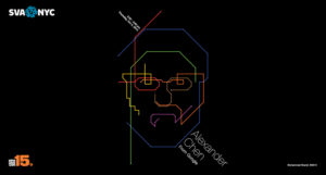 Alexander Chen event poster made from straight lines and angles from green, red, blue, and purple color, forming a human face