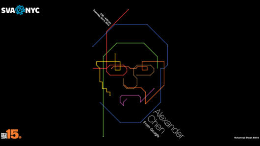 Alexander Chen event poster made from straight lines and angles from green, red, blue, and purple color, forming a human face