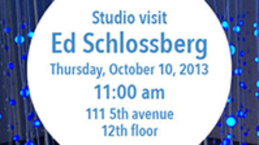 Ed Schlossberg event poster with blue light dots on vertical lines