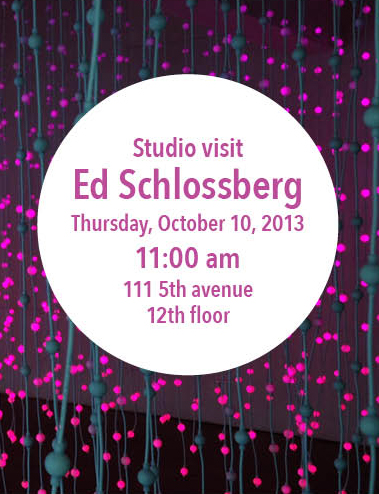 Ed Schlossberg event poster with purple light dots on vertical lines