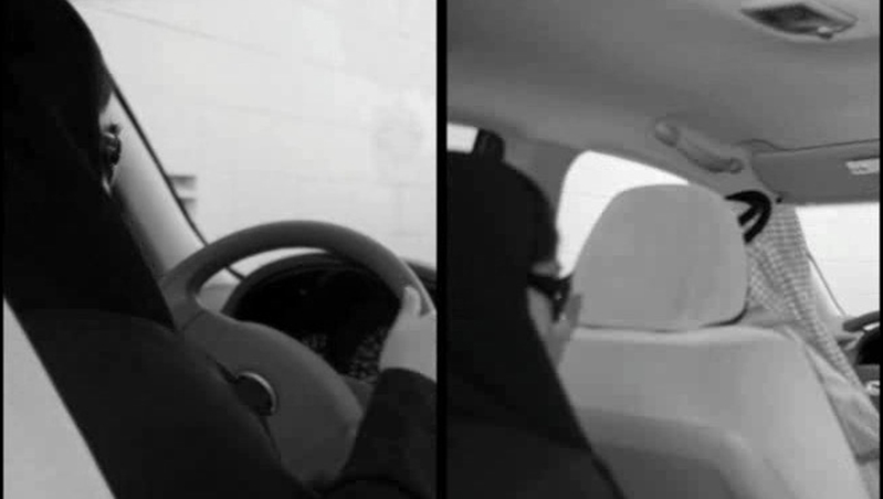 collage of two photos with a person driving a car