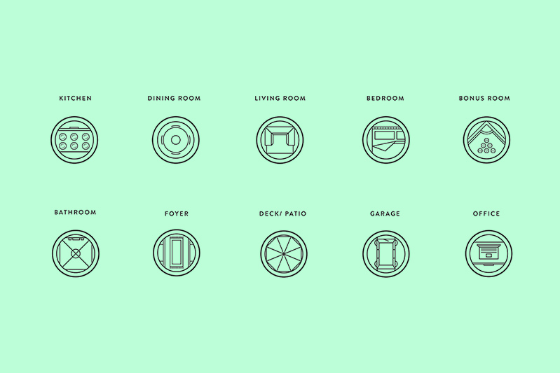 small rounded house room icons on a mint green background